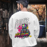 Back view of a white unisex oversized sweatshirt featuring 'Future Virtual Streetwear' graphic with a TV-headed figure.