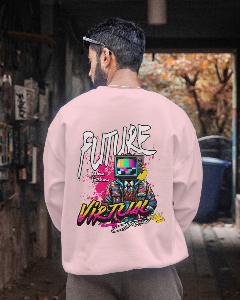 back view of a Indian male wearing Pink 'Virtual Streetwear Graphic Oversized Unisex Sweatshirt'