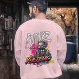 Pink unisex oversized sweatshirt with 'Future Virtual Streetwear' graphic on the back.