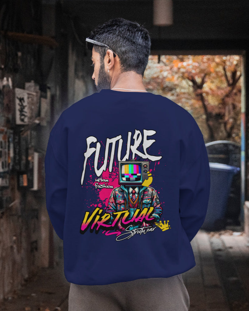 back view of a Indian male wearing Navy 'Virtual Streetwear Graphic Oversized Unisex Sweatshirt'