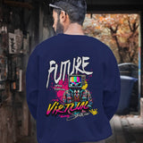Navy blue unisex oversized sweatshirt with 'Future Virtual Streetwear' graphic on the back.