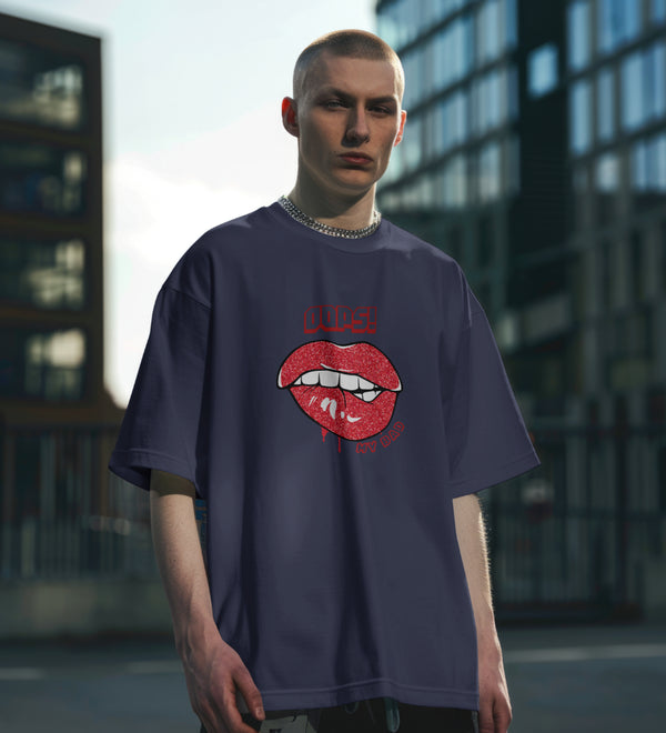 Navy blue oversized t-shirt with "Oops! My Bad" lips graphic design, front view.