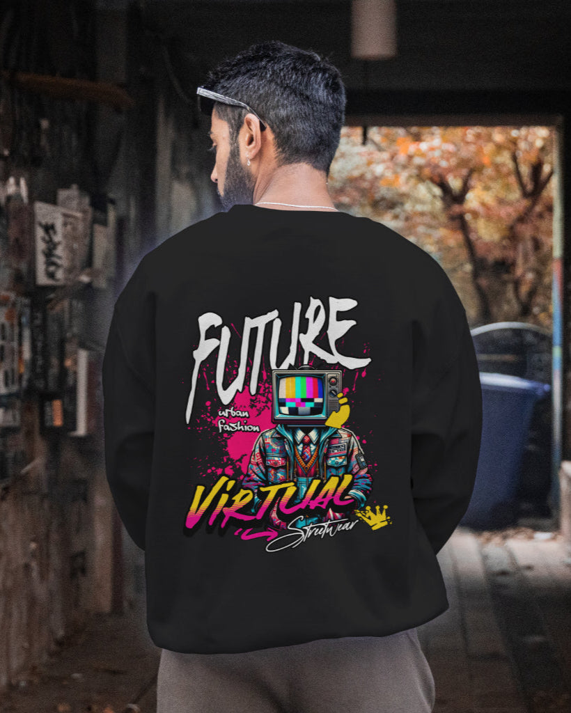 back view of a Indian male wearing Black 'Virtual Streetwear Graphic Oversized Unisex Sweatshirt'