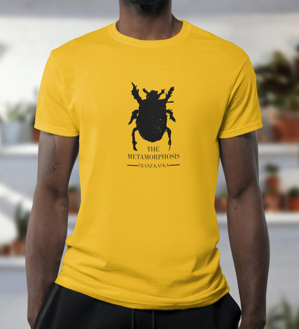 close up of a man wearing a yellow color "The Metamorphosis" Franz Kafka T-Shirt