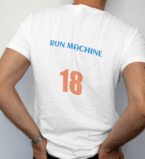 Back view of a white Virat Kohli crew t-shirt with 'RUN MACHINE 18' printed on it.