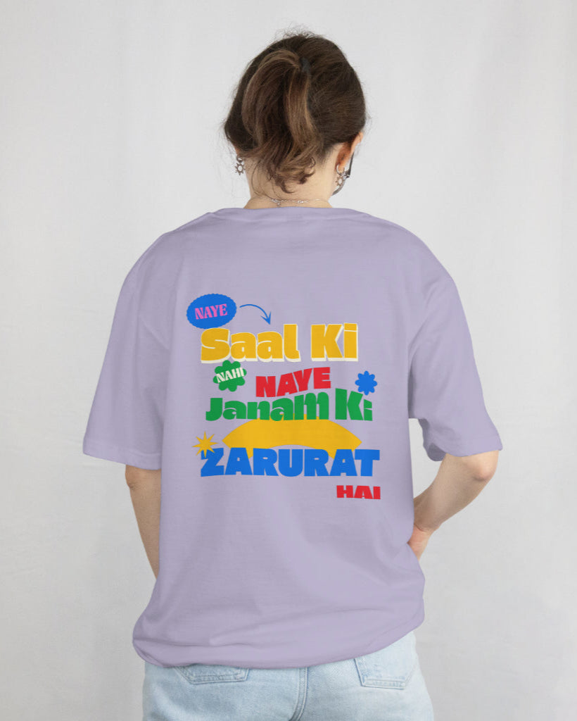 back view of a female wearing 'Naye Saal Ki Nahi Naye Janam Ki Zarurat Hai' Lavender Tshirt