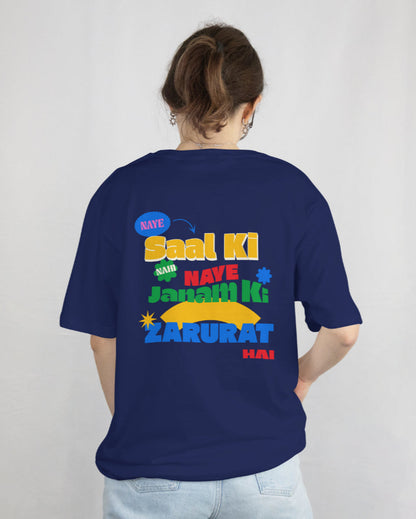 back view of a female wearing 'Naye Saal Ki Nahi Naye Janam Ki Zarurat Hai' Navy Blue Tshirt