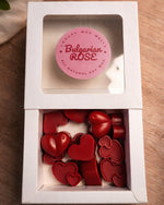 Bulgarian Rose Heart Diffuser Gift Set with red heart-shaped wax melts and a round label.