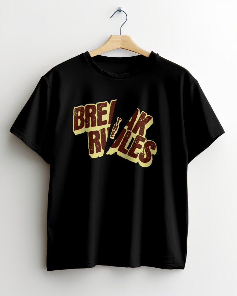 A black t-shirt on a hanger with the quote 'Break The Rules'