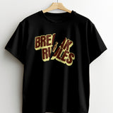 Black t-shirt with a distressed 'Break the Rules' graphic print on the front.