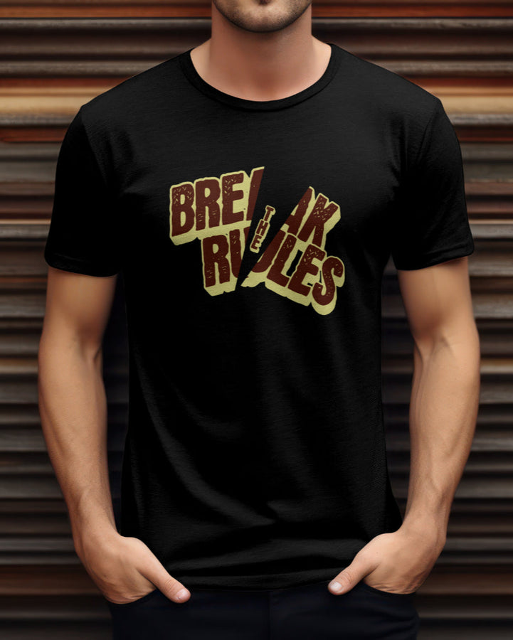 Black t-shirt with a distressed "Break The Rules" graphic design on the front.