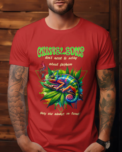 A male model with his hands in his pocket wearing "Chameleons Are Always in Trend" half-sleeve red t-shirt