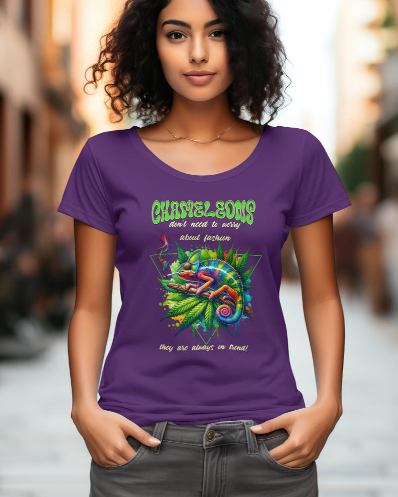 A female model with her hands in her pocket wearing "Chameleons Are Always in Trend" half-sleeve purple t-shirt