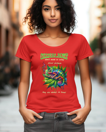 A female model with her hands in her pocket wearing "Chameleons Are Always in Trend" half-sleeve red t-shirt