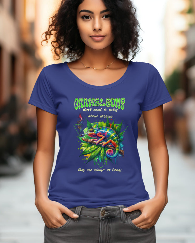 A female model with her hands in her pocket wearing "Chameleons Are Always in Trend" half-sleeve royal blue t-shirt