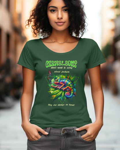 A female model with her hands in her pocket wearing "Chameleons Are Always in Trend" half-sleeve bottle green t-shirt