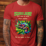 Red half sleeve t-shirt featuring a colorful chameleon relaxing on a branch with cannabis leaves.