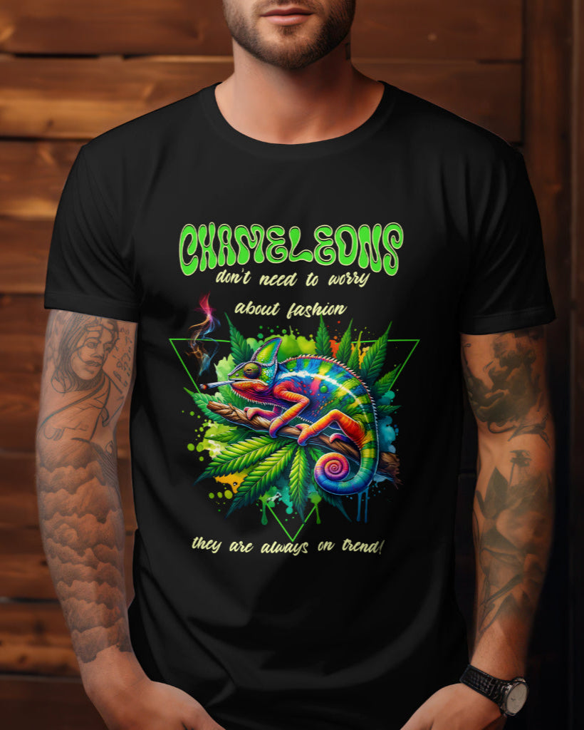 A male model with his hands in his pocket wearing "Chameleons Are Always in Trend" half-sleeve black t-shirt