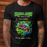 Black t-shirt featuring a colorful chameleon relaxing on a branch with cannabis leaves, text reads 'Chameleons don't need to worry about fashion, they are always on trend!'