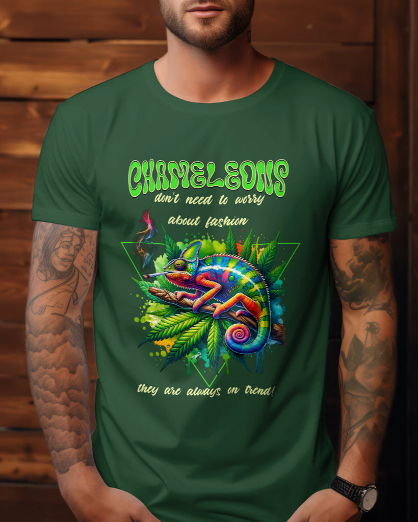 A male model with his hands in his pocket wearing "Chameleons Are Always in Trend" half-sleeve bottle green t-shirt