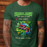 Green half sleeve t-shirt featuring a colorful chameleon on a branch with cannabis leaves and text.