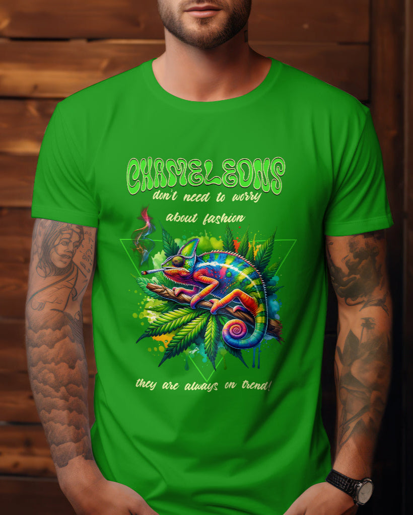 A male model with his hands in his pocket wearing "Chameleons Are Always in Trend" half-sleeve flag green t-shirt