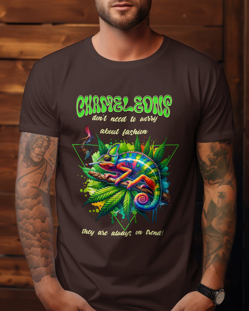 A male model with his hands in his pocket wearing "Chameleons Are Always in Trend" half-sleeve coffee brown t-shirt