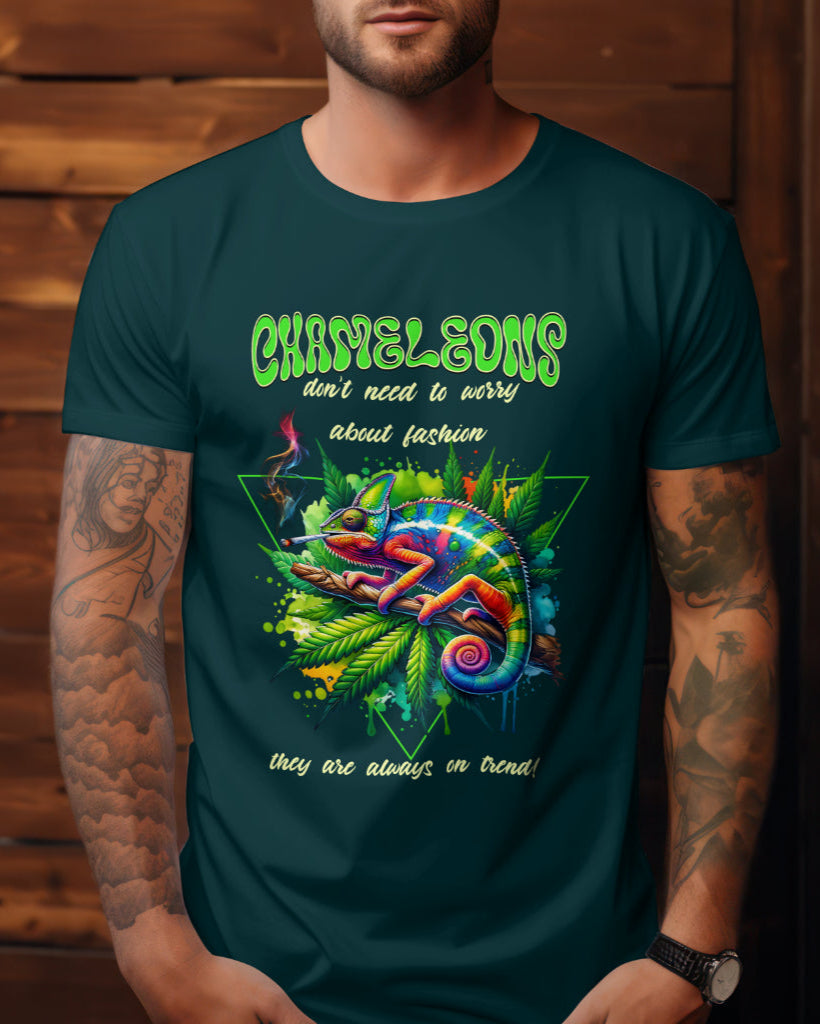 A male model with his hands in his pocket wearing "Chameleons Are Always in Trend" half-sleeve petrol blue t-shirt