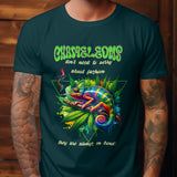 Front view of a dark green t-shirt with a colorful chameleon design and text about chameleons.