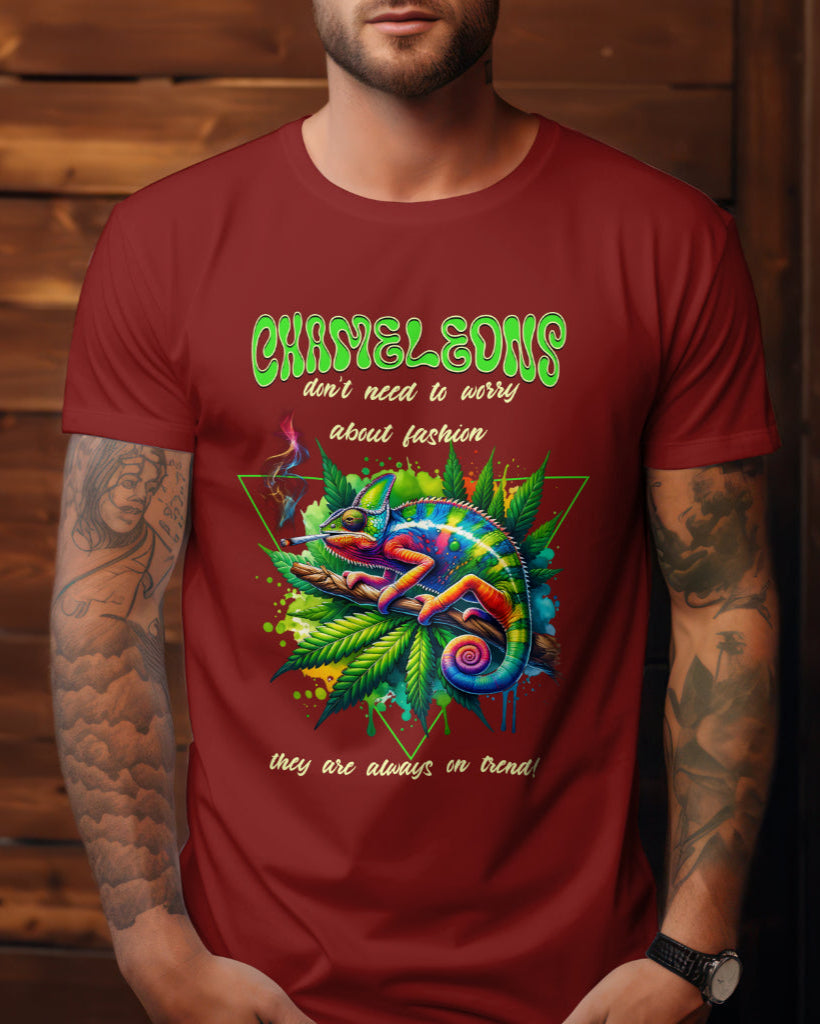 A male model with his hands in his pocket wearing "Chameleons Are Always in Trend" half-sleeve maroon t-shirt