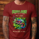 Red short-sleeve t-shirt with a colorful chameleon design and the text 'Chameleons don't need to worry about fashion, they are always on trend!'