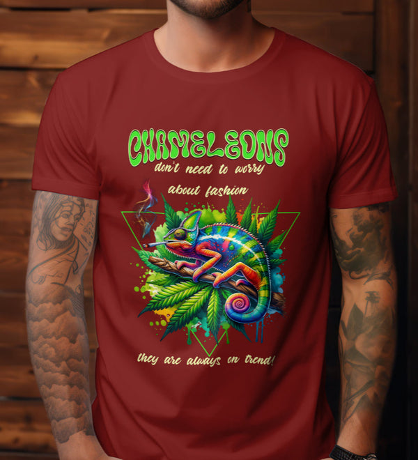 Red short-sleeve t-shirt with a colorful chameleon design and the text 'Chameleons don't need to worry about fashion, they are always on trend!'