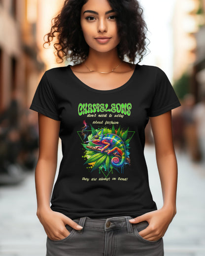 A female model with her hands in her pocket wearing "Chameleons Are Always in Trend" half-sleeve black t-shirt