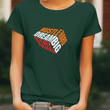 Front view of a dark green female t-shirt with a 'Hustle Hard Dream Big Stay Focused' graphic design.
