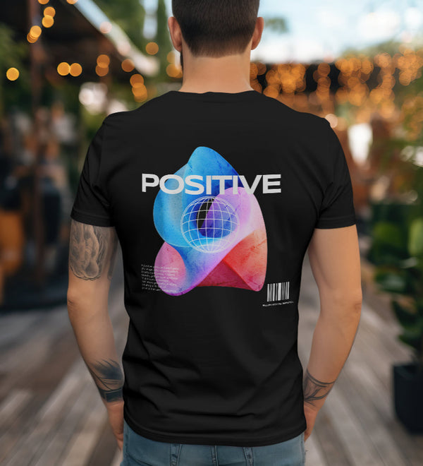 Black unisex t-shirt with a "Cosmic Positive Vibes" psychedelic graphic on the back.