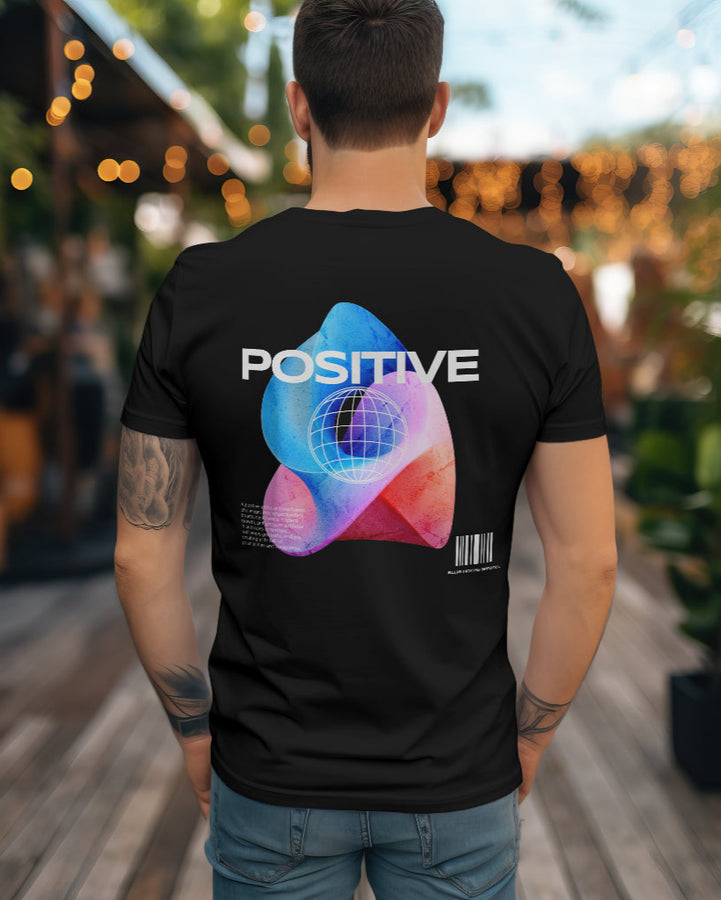 Black unisex t-shirt with a "Cosmic Positive Vibes" psychedelic graphic on the back.
