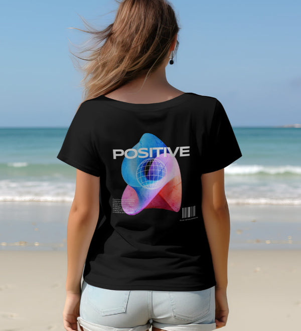 Back view of a black Cosmic Positive Vibes t-shirt with a psychedelic graphic and the word POSITIVE.