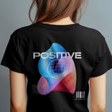 Black unisex t-shirt with a "Cosmic Positive Vibes" psychedelic graphic on the back.