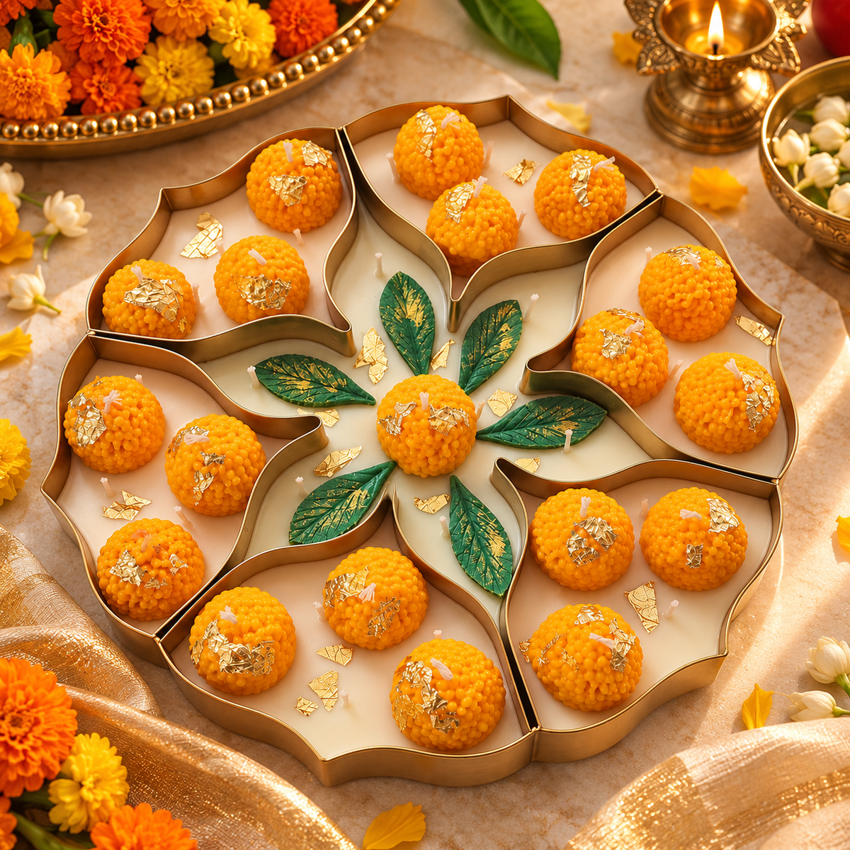 Ladoo urli candle on a marble table with marigolds, jasmine and a lit brass diya for Diwali