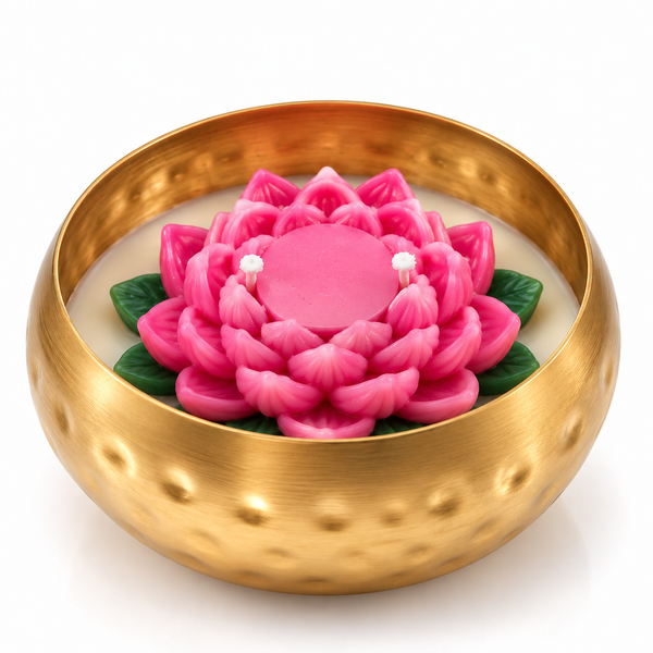 Blue Honey pink lotus soy wax candle with green leaves and two cotton wicks in a hammered gold urli, on a white background