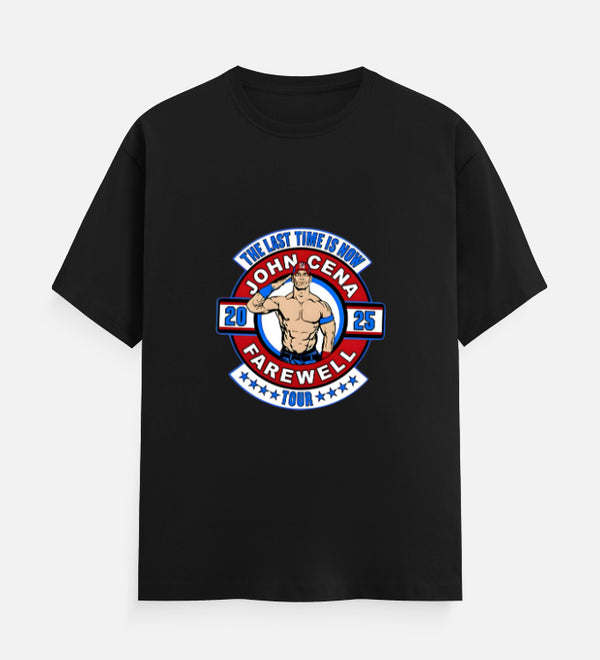 Black t-shirt featuring John Cena's 'The Last Time Is Now' farewell tour graphic with his image and tour details.