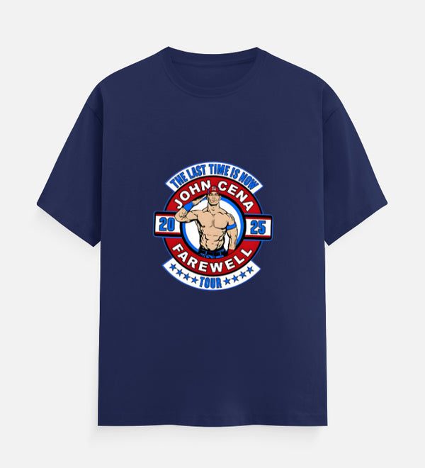 Navy blue t-shirt featuring John Cena's 'The Last Time Is Now' farewell tour graphic with his image and tour dates.
