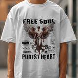 Unisex white "Free Soul, Purest Heart" oversized t-shirt with angel graphic and text details.