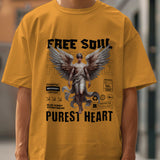 Yellow unisex oversized t-shirt with "Free Soul, Purest Heart" graphic and angel design.