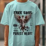 Unisex light blue "Free Soul, Purest Heart" t-shirt with angel graphic and text.