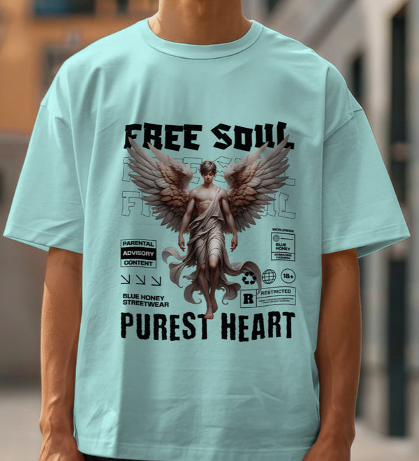 Unisex light blue "Free Soul, Purest Heart" t-shirt with angel graphic and text.