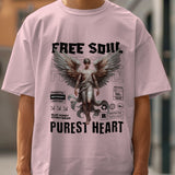 Unisex pink oversized t-shirt with 'Free Soul, Purest Heart' graphic and angel design.
