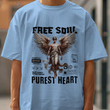 Unisex light blue "Free Soul, Purest Heart" oversized t-shirt with angel graphic, front view.