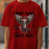 Red unisex oversized t-shirt with 'Free Soul, Purest Heart' graphic and angelic design.