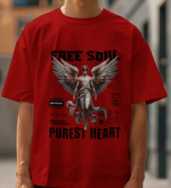 Red unisex oversized t-shirt with 'Free Soul, Purest Heart' graphic and angelic design.